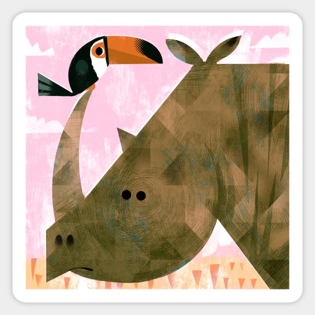 Rhino With Pesky Toucan Sticker by Gareth Lucas